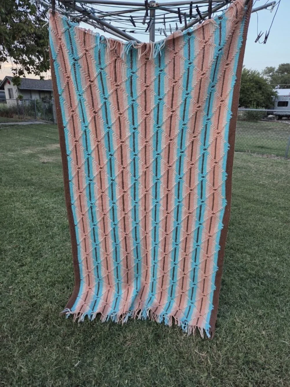 Vintage Handmade Afghan Fringe Throw Southwest Blanket 64 X 42” Turquoise Peach